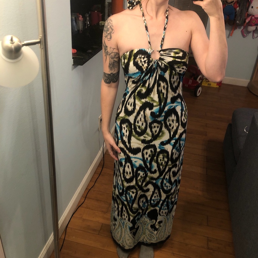 Green and blue paisley maxi dress with halter neck
